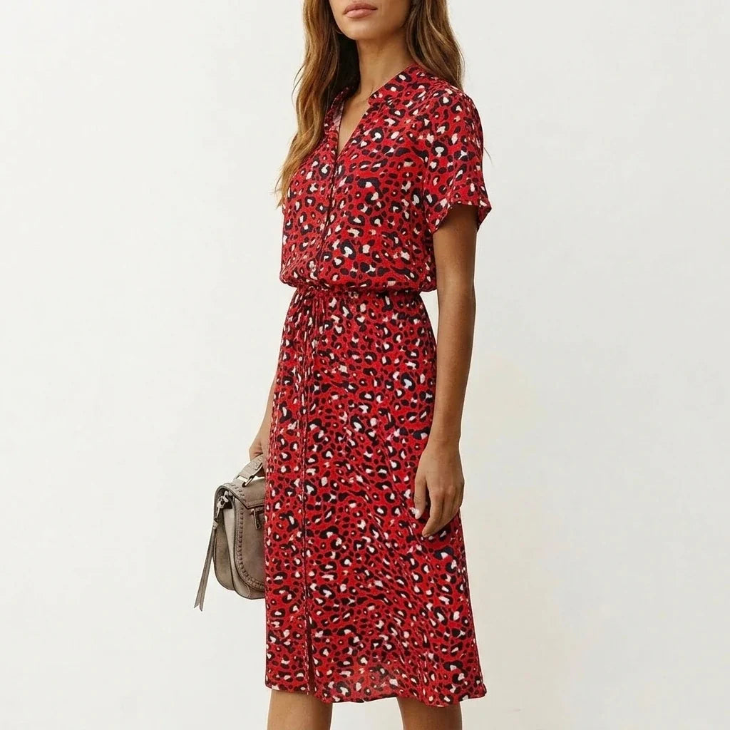 Women's Midi Dress with Button Front and Drawstring Waist — variant_front