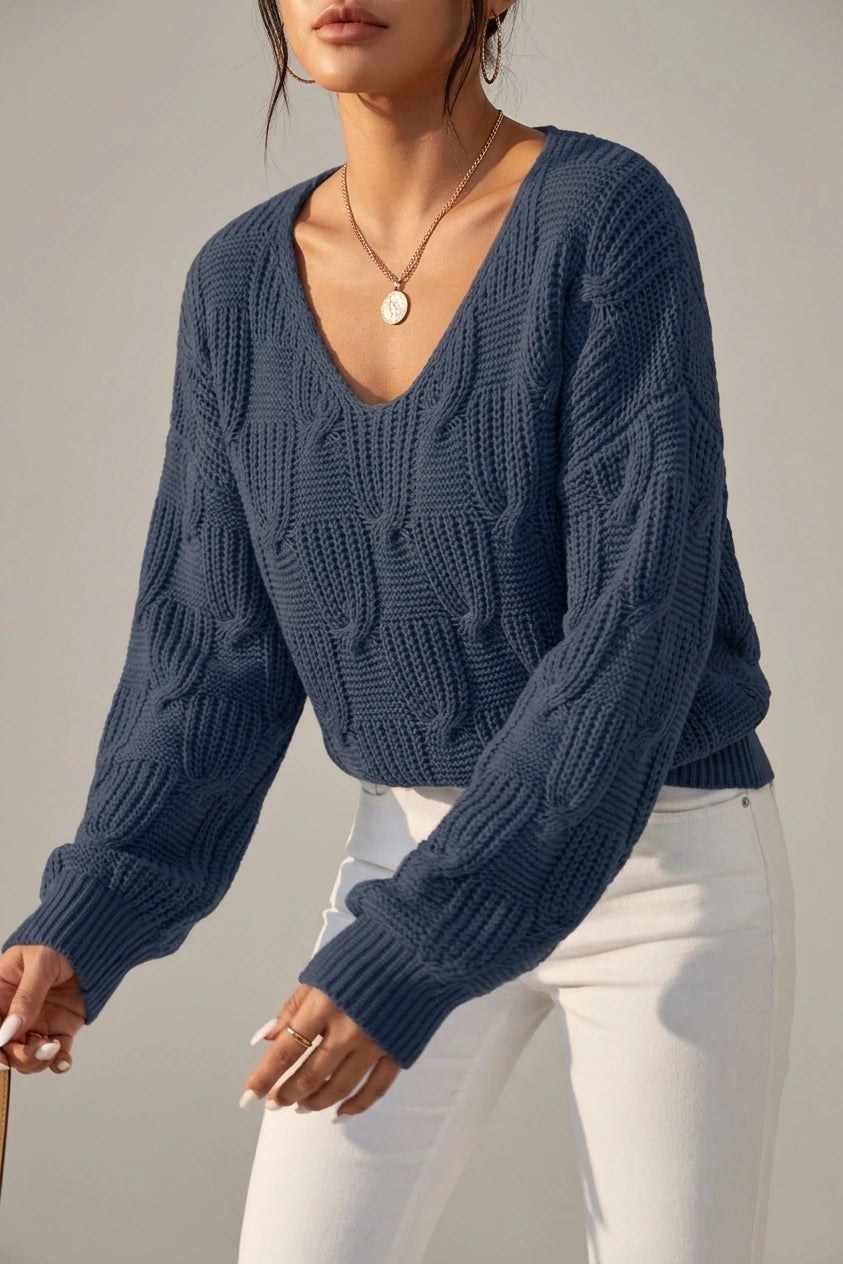 Cable Knit Sweater with V-Neckline and Puff Sleeves — variant_front