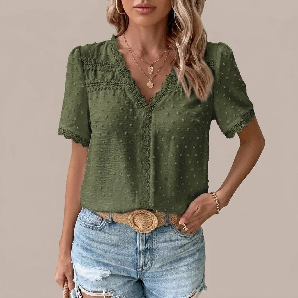 Bohemian Lace Trim Blouse with Swiss Dot Texture and V-Neckline — variant_front