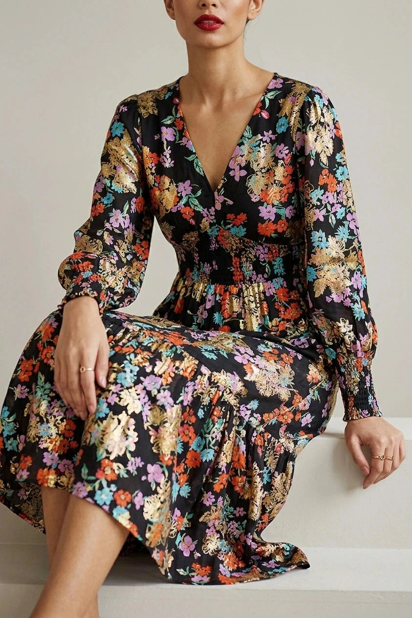Floral And Foil Ruched Midi Dress With Split Hemline And V Neck