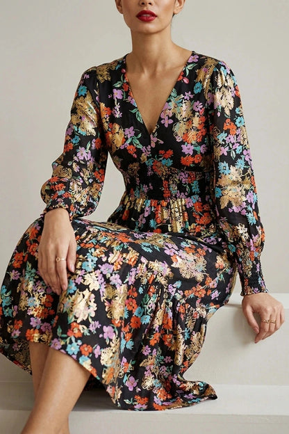 Floral And Foil Ruched Midi Dress With Split Hemline And V Neck
