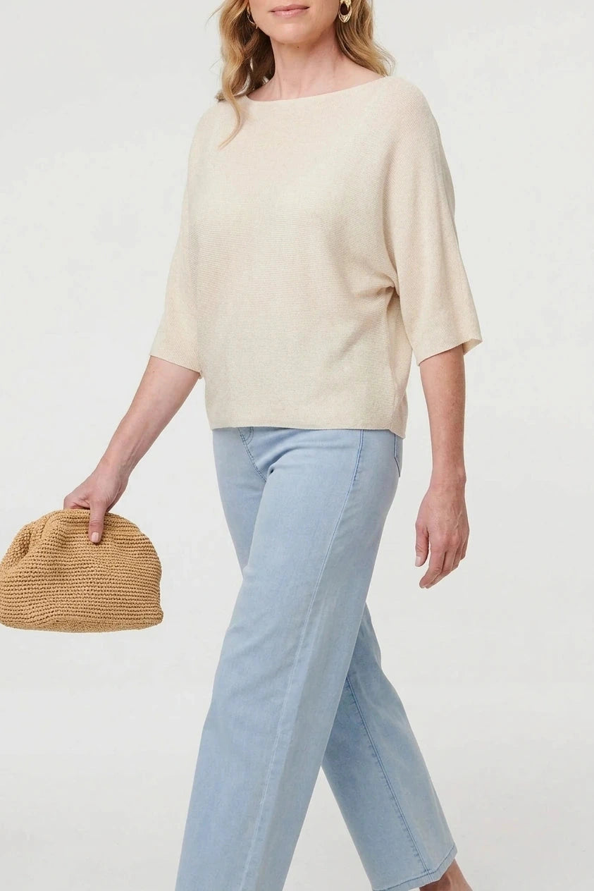 3/4 Sleeve Boxy Boat Neck Knit Top Lightweight Pullover