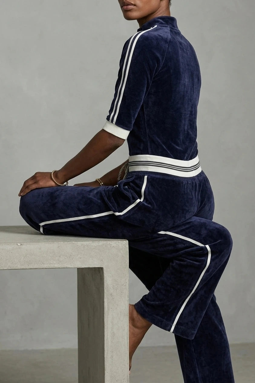 Luxe Velour Track Co-Ord Zip-Up Top And Wide-Leg Pants