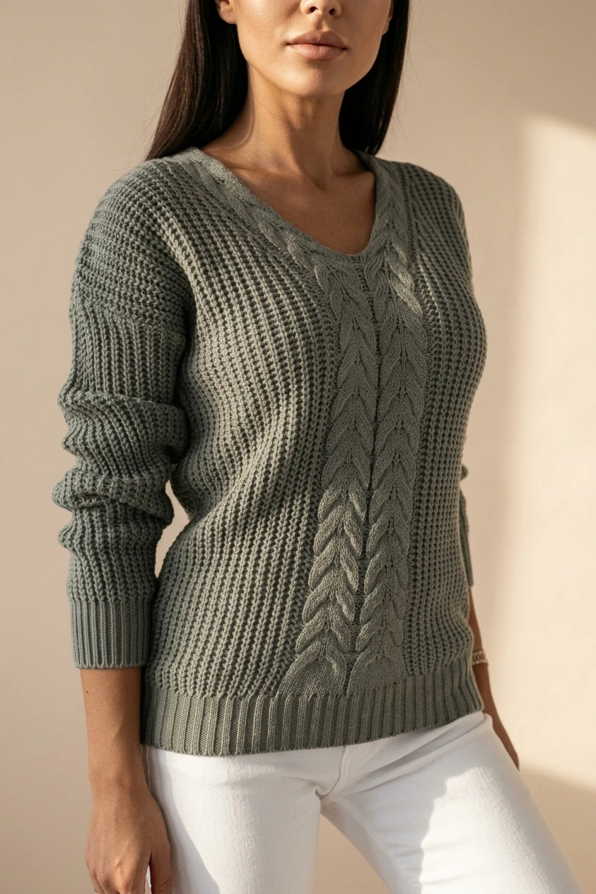 Cable Knit Sweater with V-Neckline and Ribbed Cuffs — variant_front