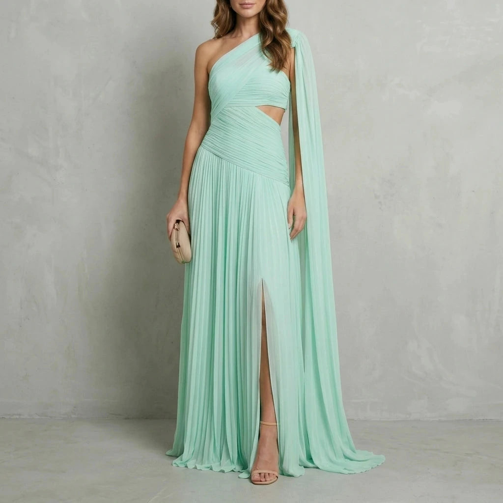 Ethereal Chiffon Drape Maxi Dress One-Shoulder Ruched Waist High Slit