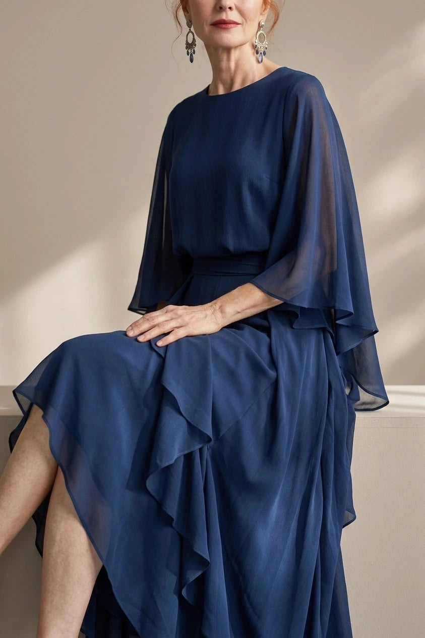Layered Sleeve Drape Waist Midi Dress With Ruffle Side Panels
