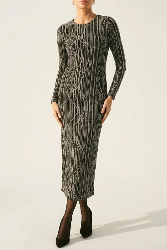 Abstract Print Long Sleeve Scoop Neck Ruched Midi Dress