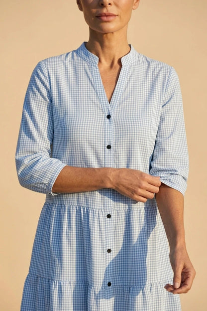 Button Front Gingham Tiered Dress With V Neck And Three-Quarter Sleeves