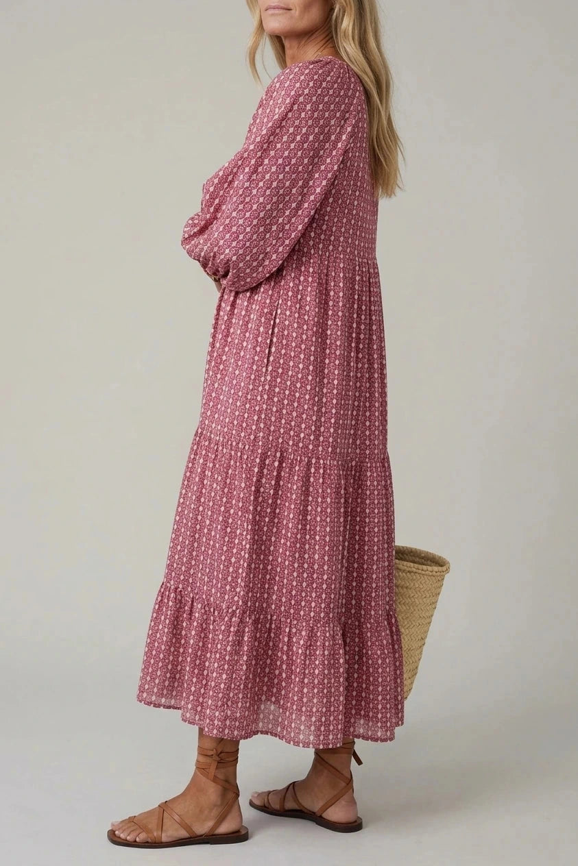 Geometric Print Long Sleeve Midi Dresses V-Neck Tiered Hem