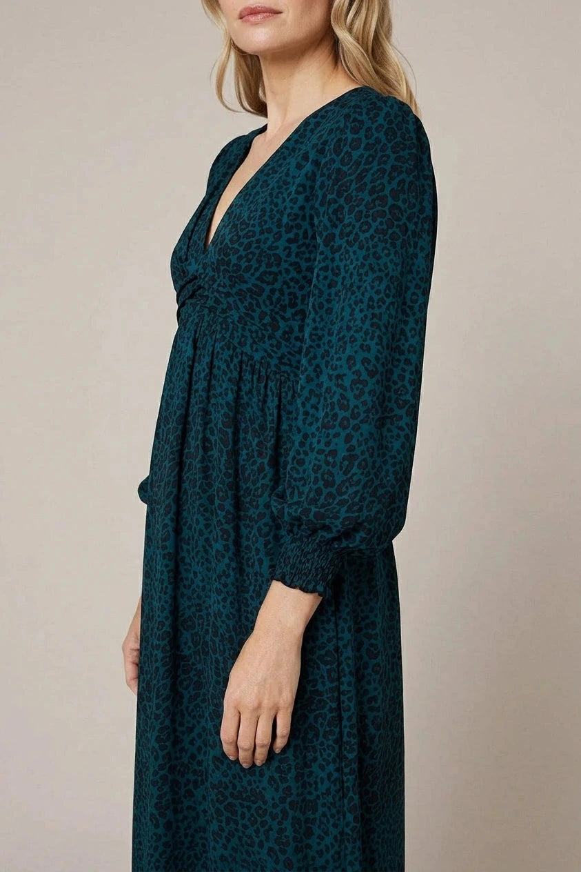 Animal Print Long Puff Sleeve Midi Dress V-Neck Empire Waist