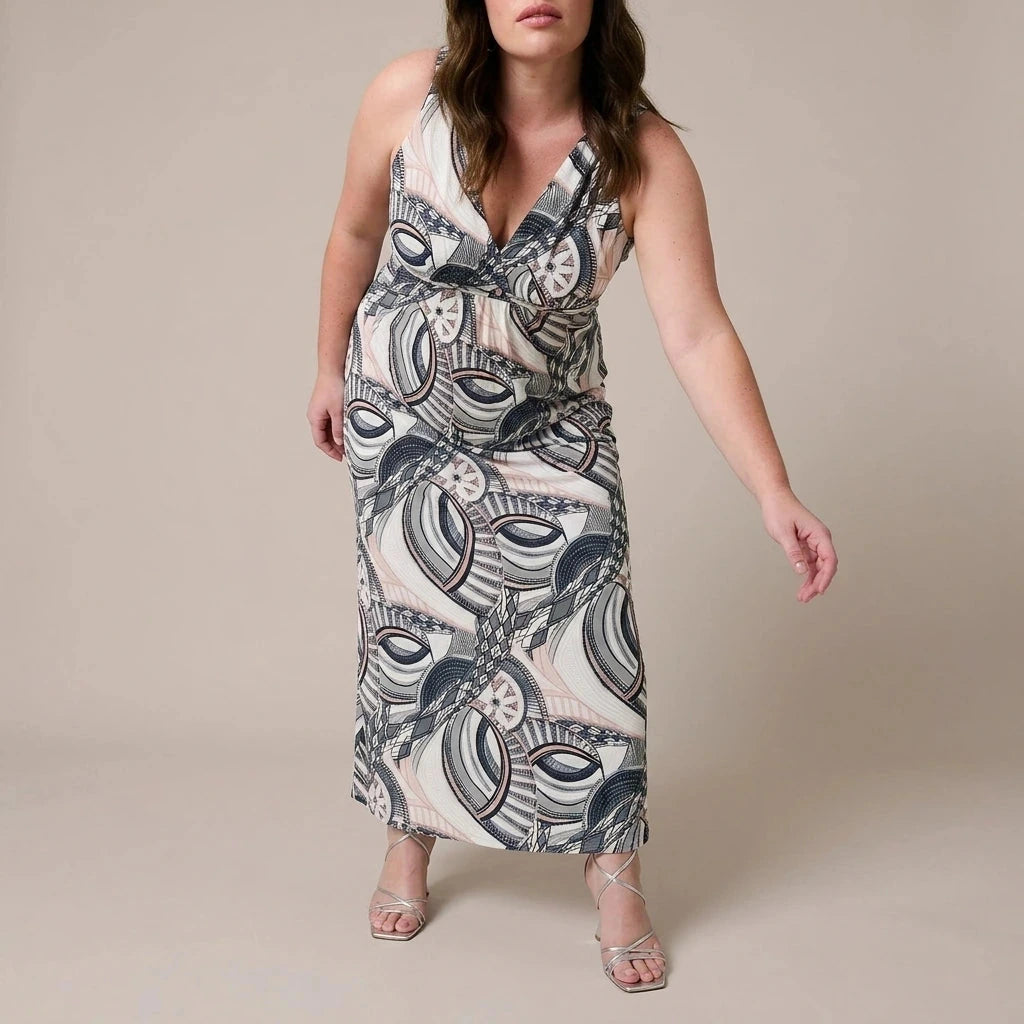 Abstract Print A-Line Maxi Dress V-Neck Sleeveless Empire Waist