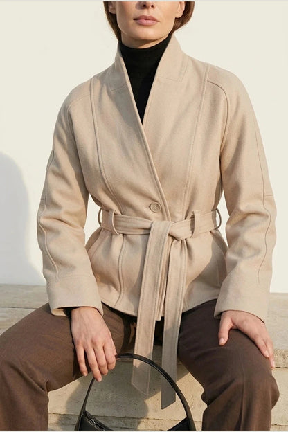 Cropped Double-Breasted Wool Jacket With Belted Waist And High Collar