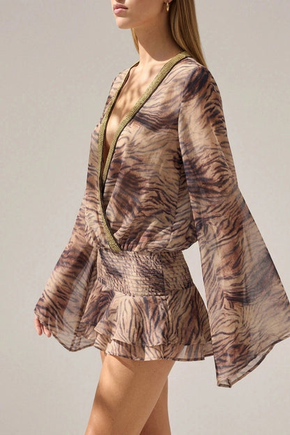 Plunge V Neck Animal Print Mini Dress With Beaded Trim