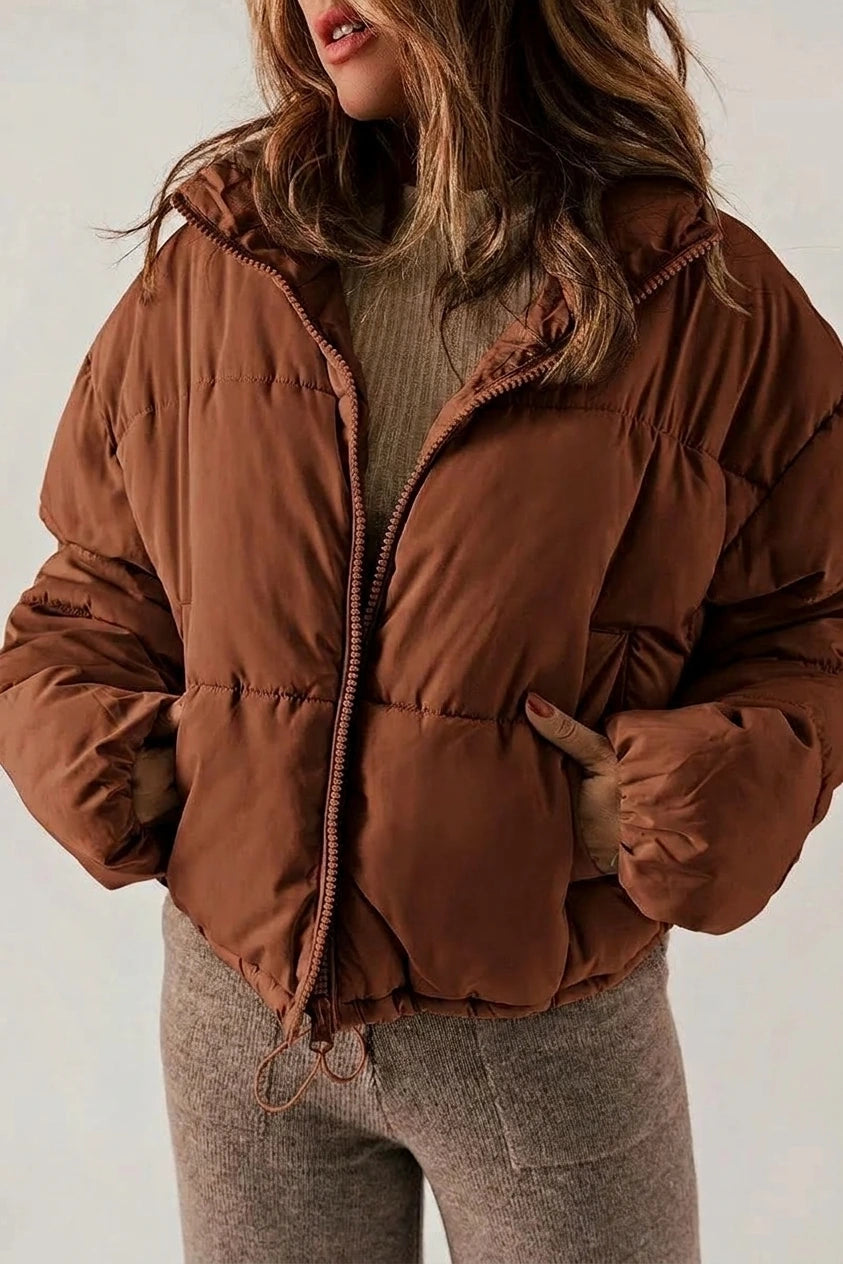 Cropped Puffer Jacket with Stand Collar and Drawcord Hem — variant_front