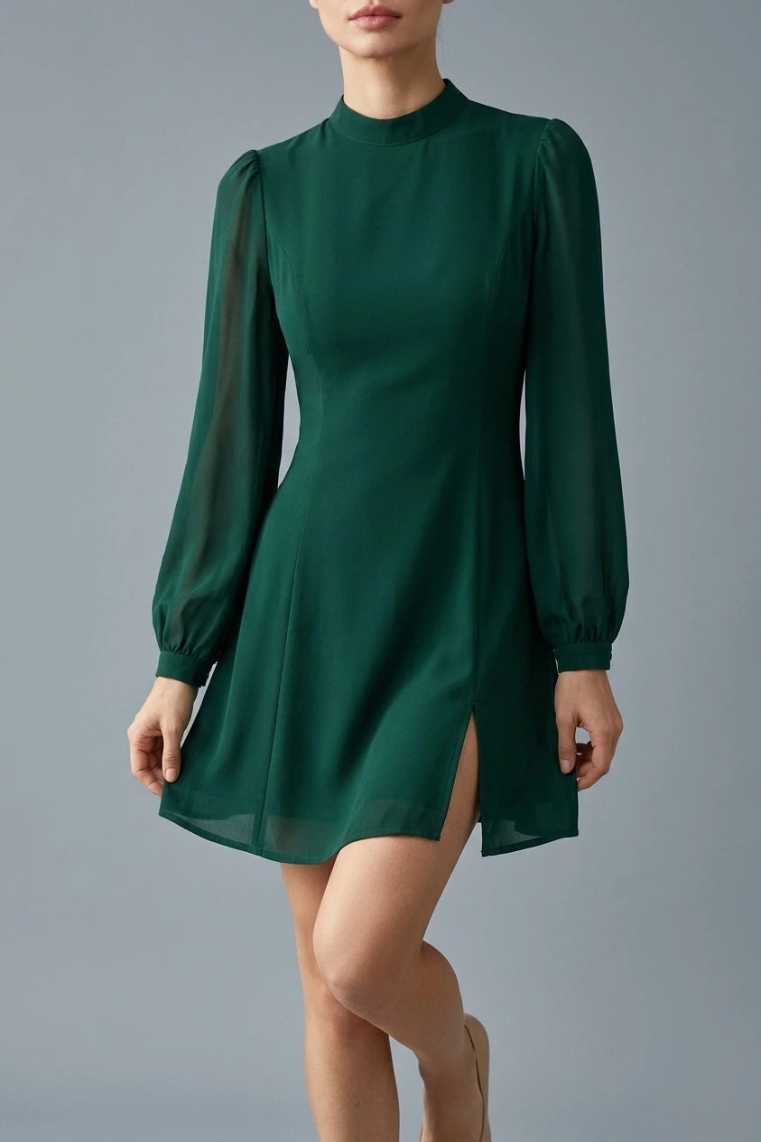 The Green Stand Collar Sheer Slit Mini Dress — variant_front