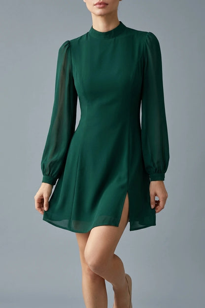 The Green Stand Collar Sheer Slit Mini Dress — variant_front