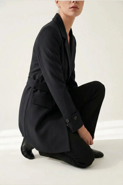 Women's Blazer Coat with Belt and Button Cuff Detail — variant_front