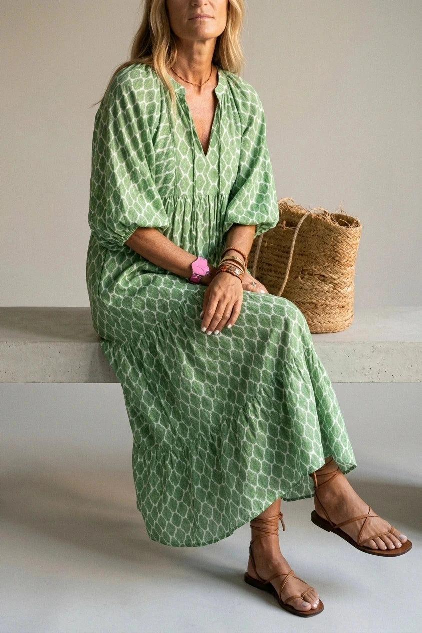 V Neck Tiered Maxi Smock Dress With Balloon Sleeves