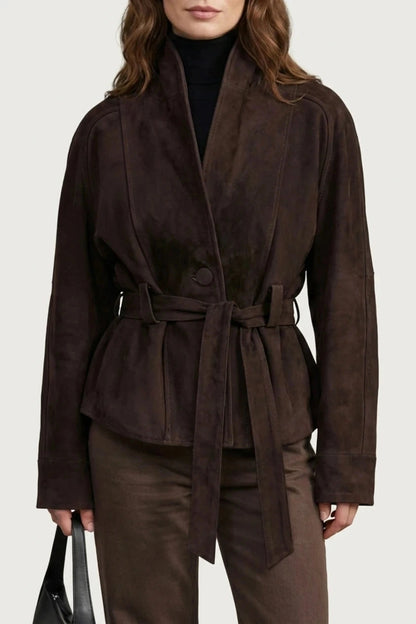 Cropped Double-Breasted Wool Jacket With Belted Waist And High Collar