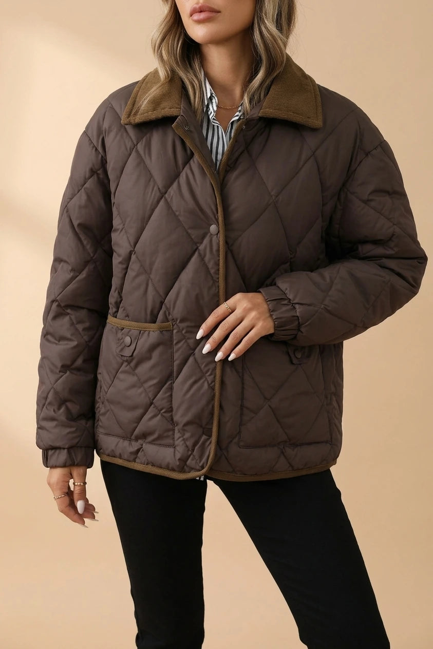 Quilted Jacket with Corduroy Collar and Contrast Trim — variant_front