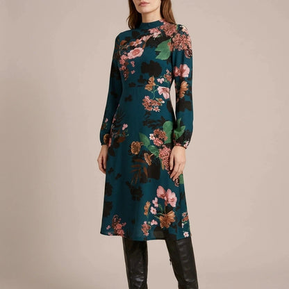 Floral High Neck Midi Dress With Long Sleeves And A-Line Skirt