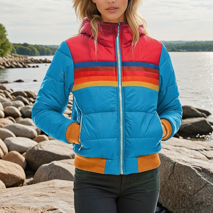 Retro Hooded Puffer Jacket with Rainbow Colour Block Stripes