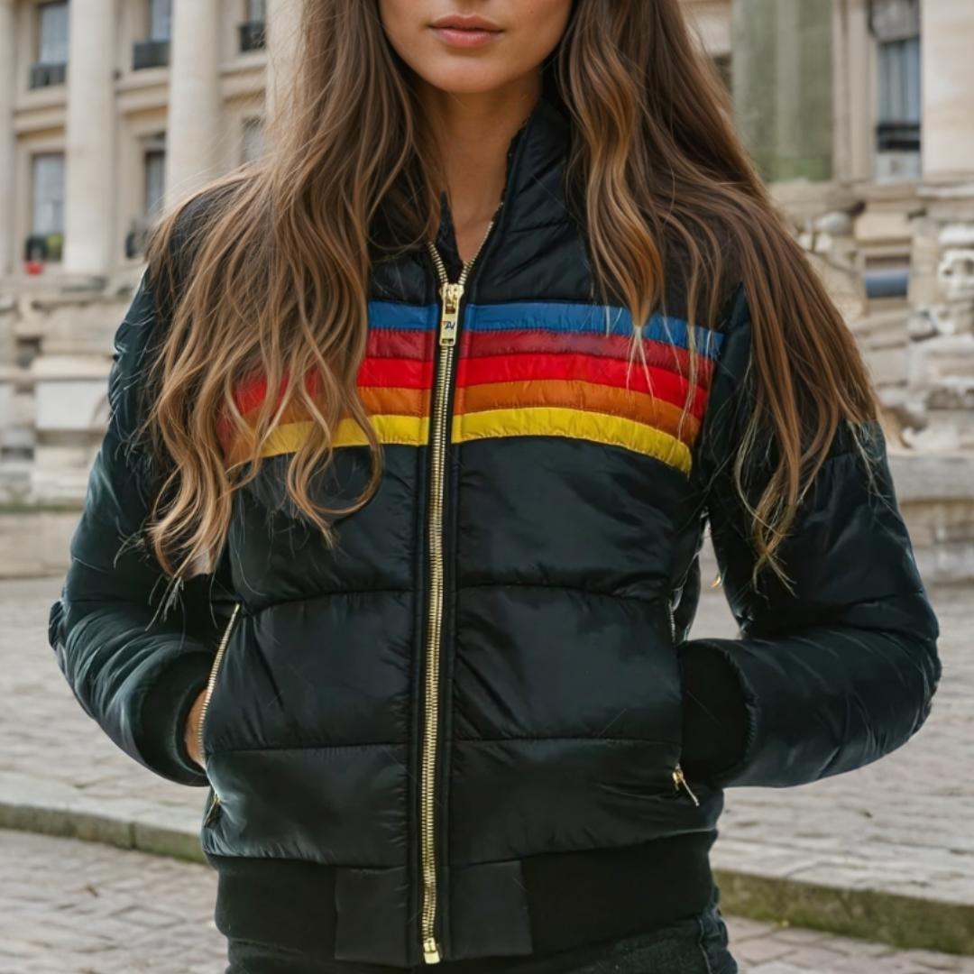 Retro Hooded Puffer Jacket with Rainbow Colour Block Stripes