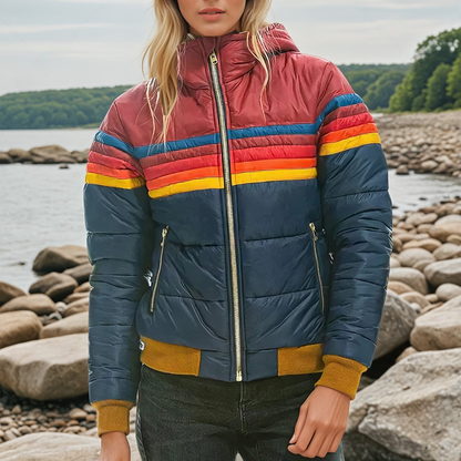 Retro Hooded Puffer Jacket with Rainbow Colour Block Stripes