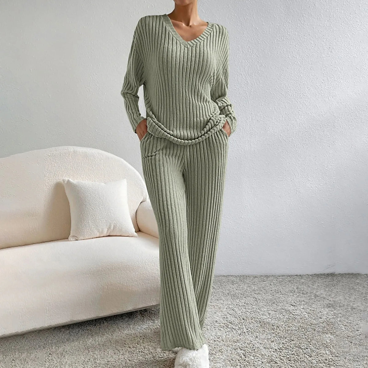 Cosy Ribbed Knit Two Piece Set with V-Neckline and Wide Leg Trousers