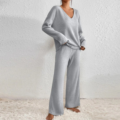 Cosy Ribbed Knit Two Piece Set with V-Neckline and Wide Leg Trousers