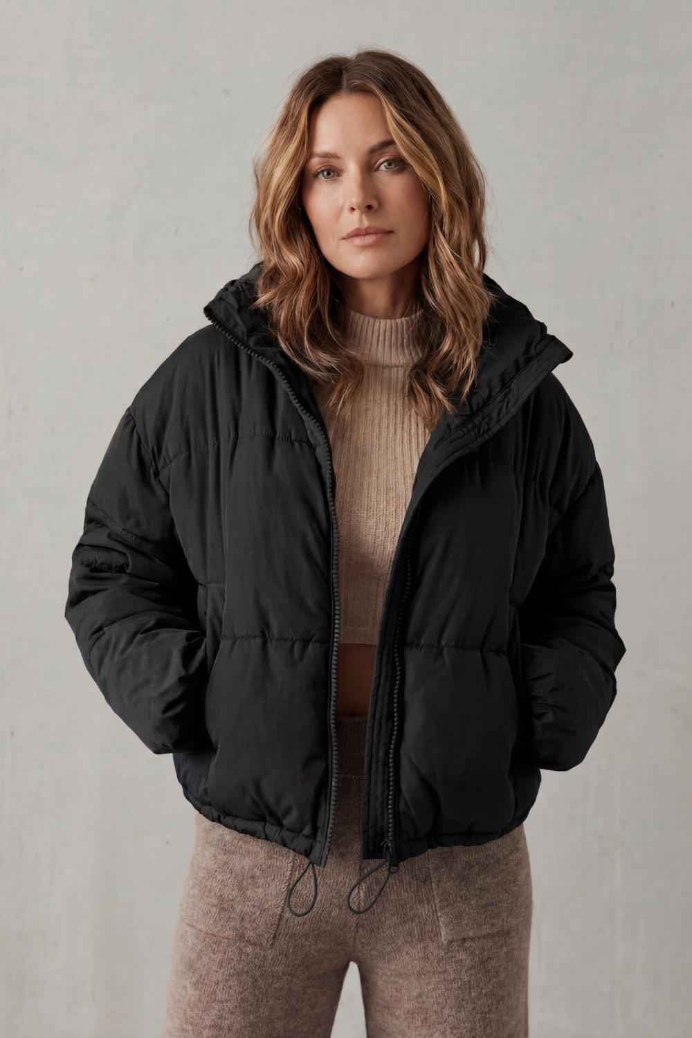 Cropped Hooded Puffer Jacket with Drawstring Hem