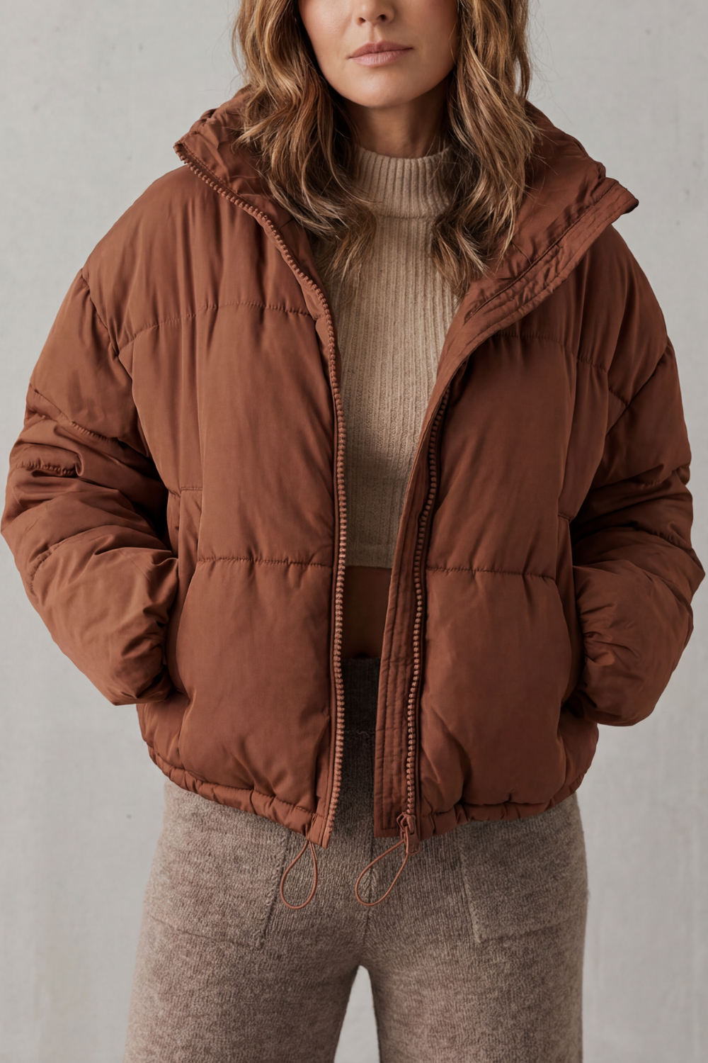 Cropped Hooded Puffer Jacket with Drawstring Hem