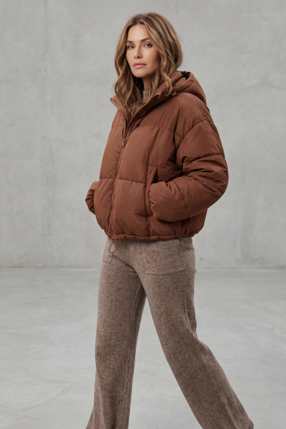 Cropped Hooded Puffer Jacket with Drawstring Hem