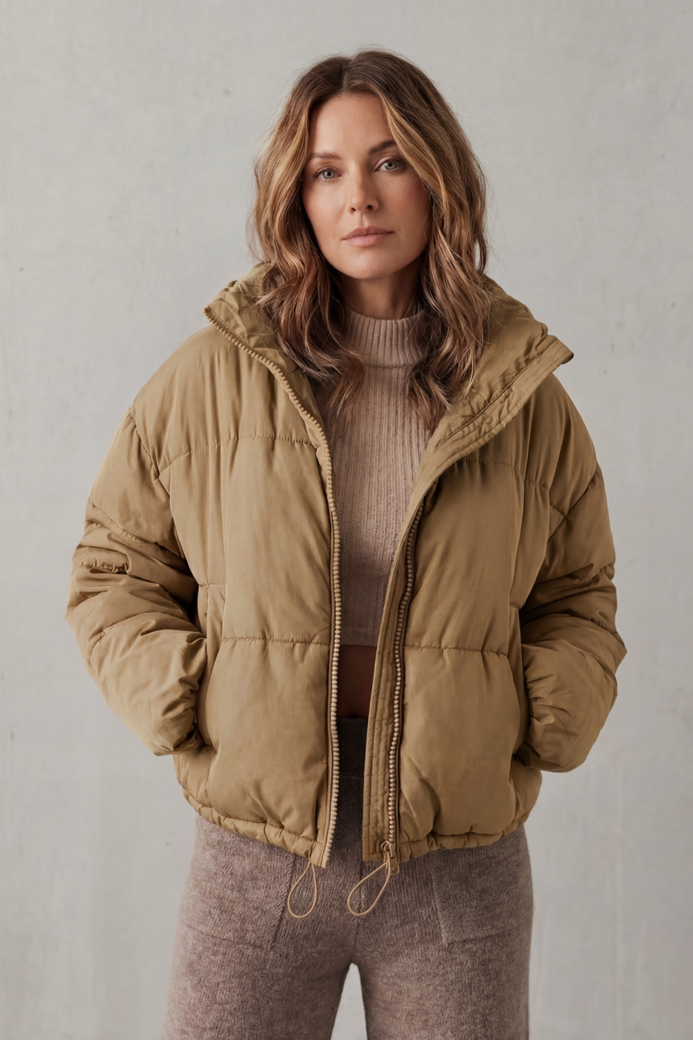 Cropped Hooded Puffer Jacket with Drawstring Hem