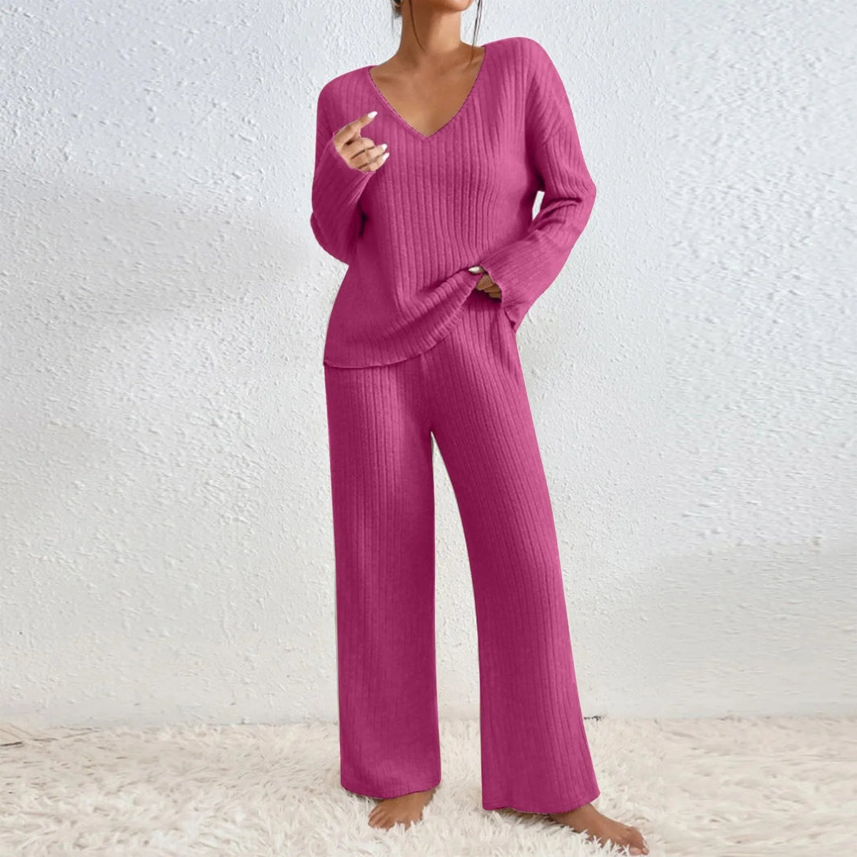 Cosy Ribbed Knit Two Piece Set with V-Neckline and Wide Leg Trousers