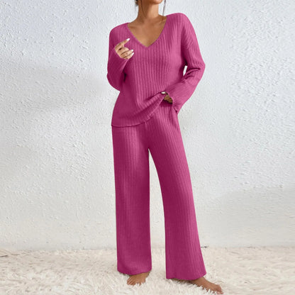 Cosy Ribbed Knit Two Piece Set with V-Neckline and Wide Leg Trousers