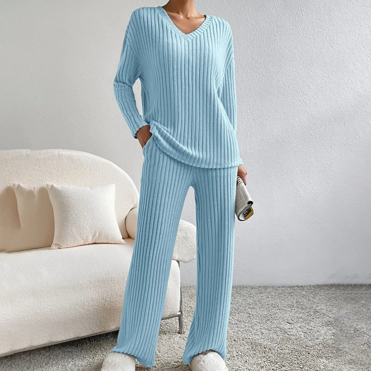 Cosy Ribbed Knit Two Piece Set with V-Neckline and Wide Leg Trousers