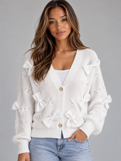 Women’s Bow Detail V-Neck Cardigan – Button Front Knitted Jumper