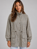 Women’s Checked Utility Jacket – High Neck Drawstring Field Coat