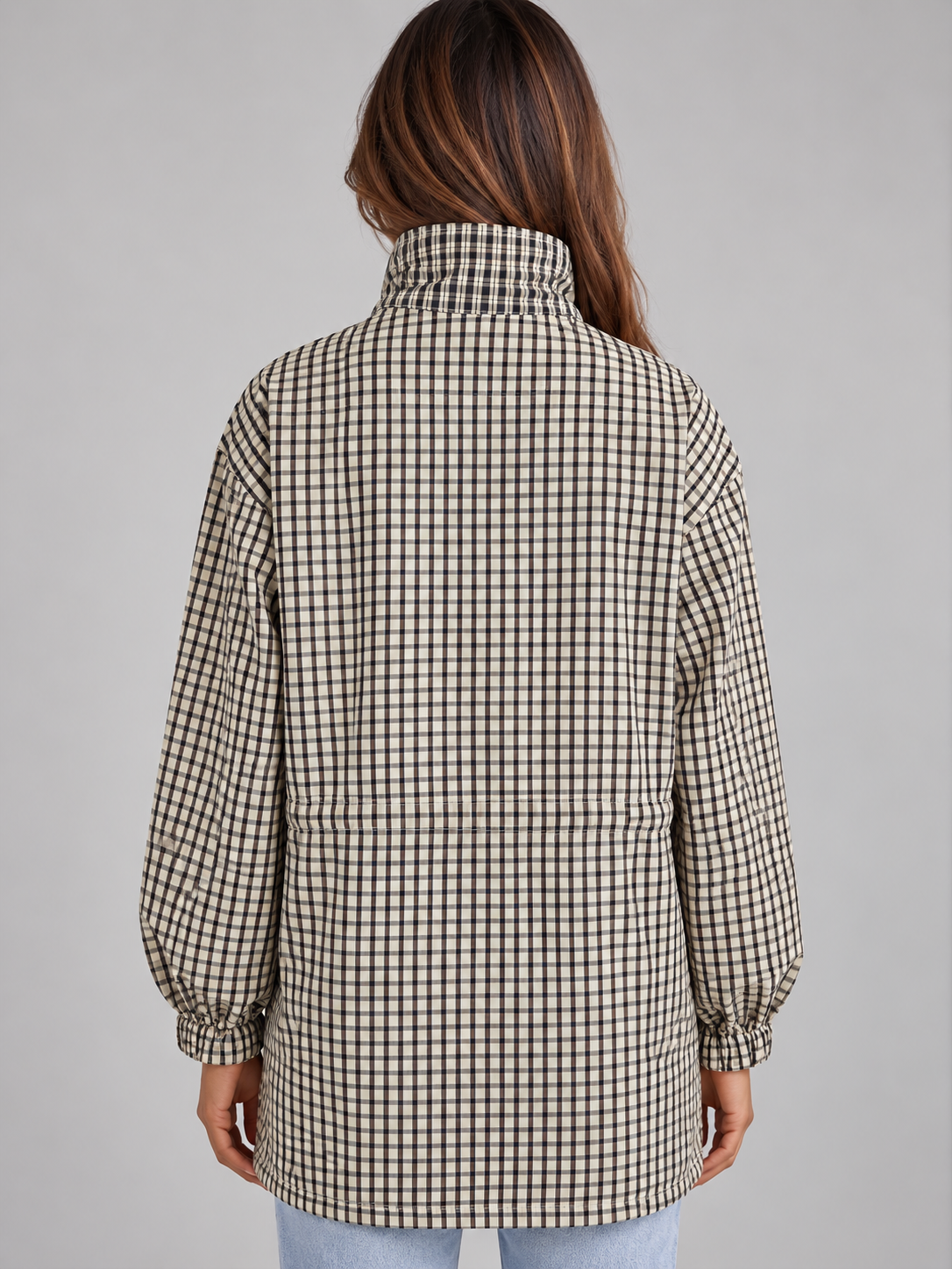 Women’s Checked Utility Jacket – High Neck Drawstring Field Coat