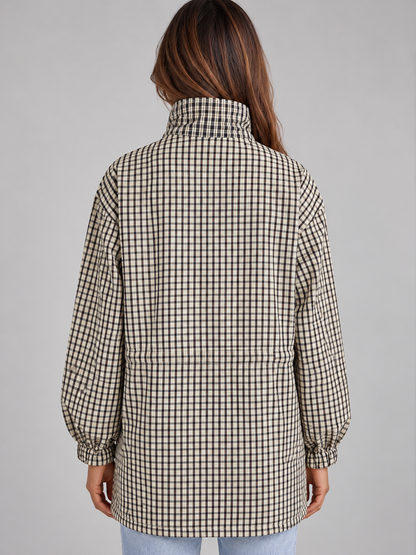 Women’s Checked Utility Jacket – High Neck Drawstring Field Coat