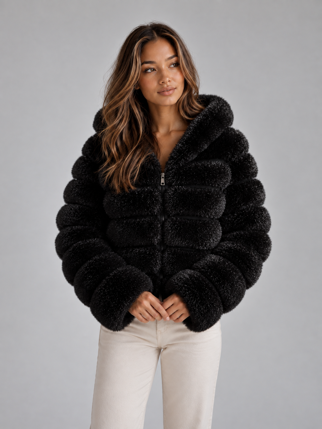 Women’s Faux Fur Hooded Jacket – Cropped Plush Winter Coat