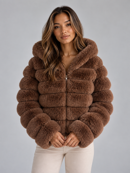 Women’s Faux Fur Hooded Jacket – Cropped Plush Winter Coat
