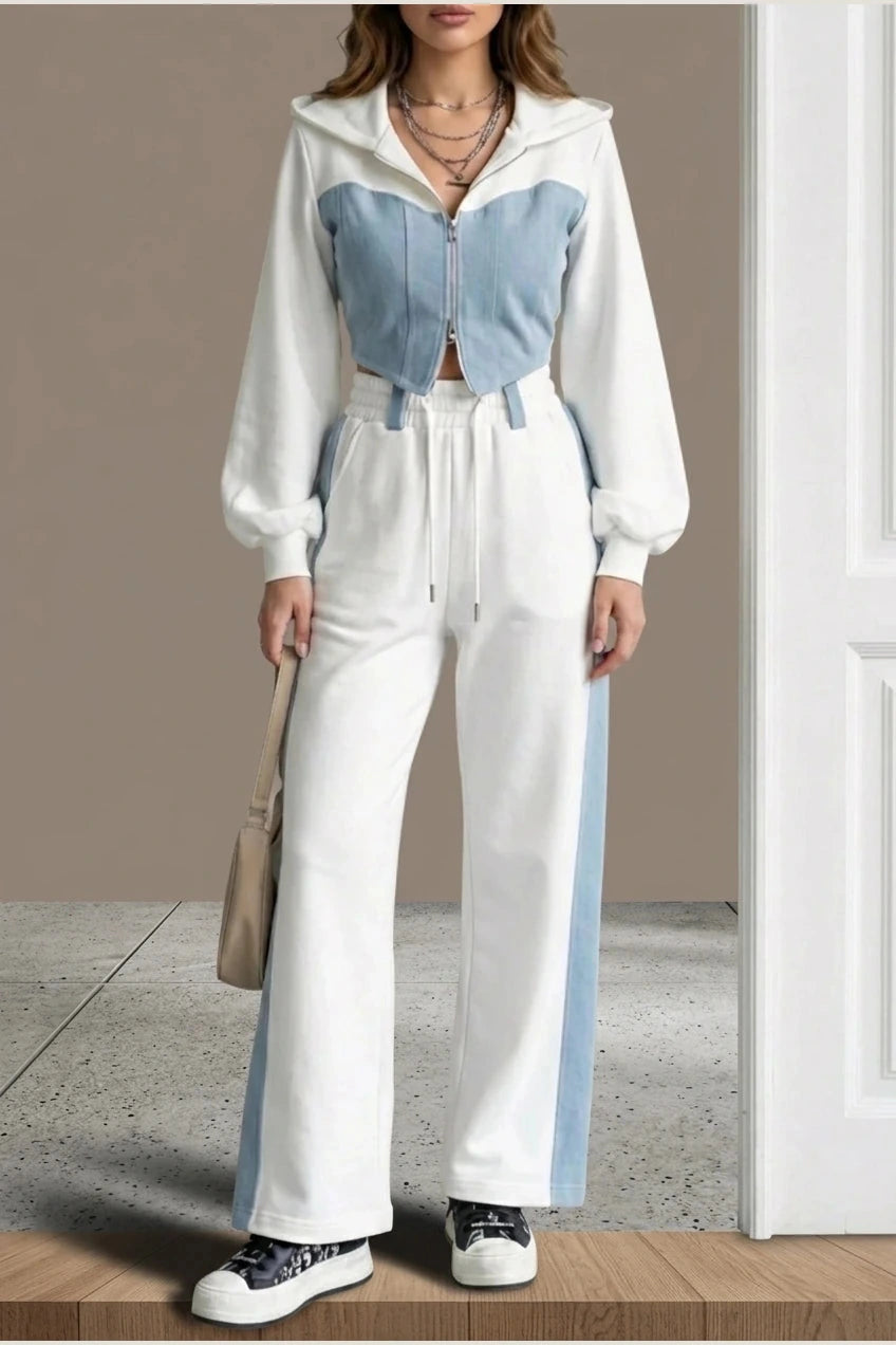 Cropped Zip Hoodie Wide Leg Sweatpants Denim Splice Two-Piece Hoodie & Sweatpant Set