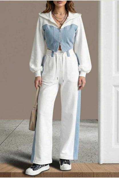 Cropped Zip Hoodie Wide Leg Sweatpants Denim Splice Two-Piece Hoodie & Sweatpant Set