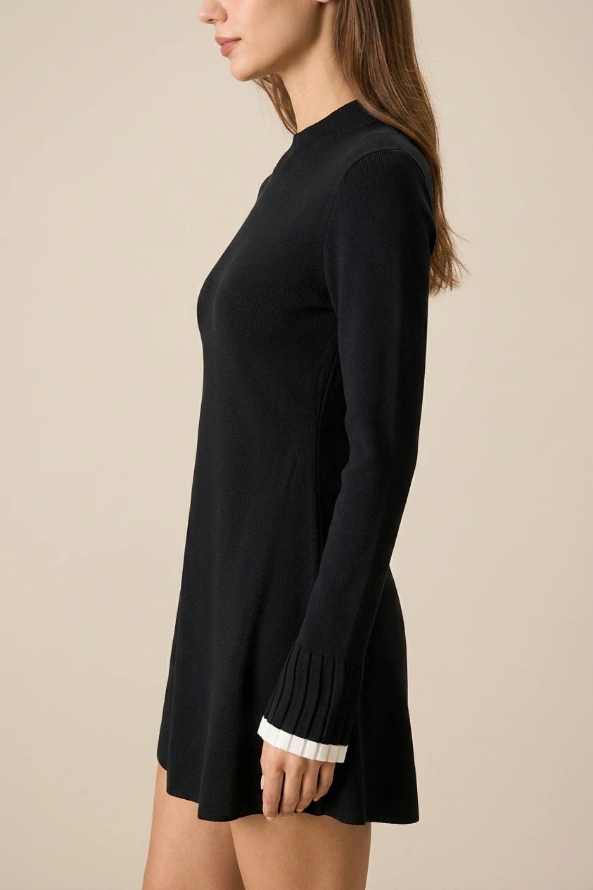 Black Contrasting Long Sleeve Sweater Mini Dress — variant_front