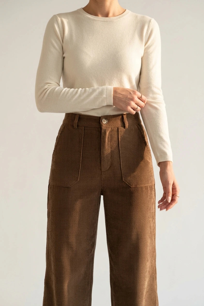 Retro High Waist Wide Leg Corduroy Trousers with Front Pockets — variant_front