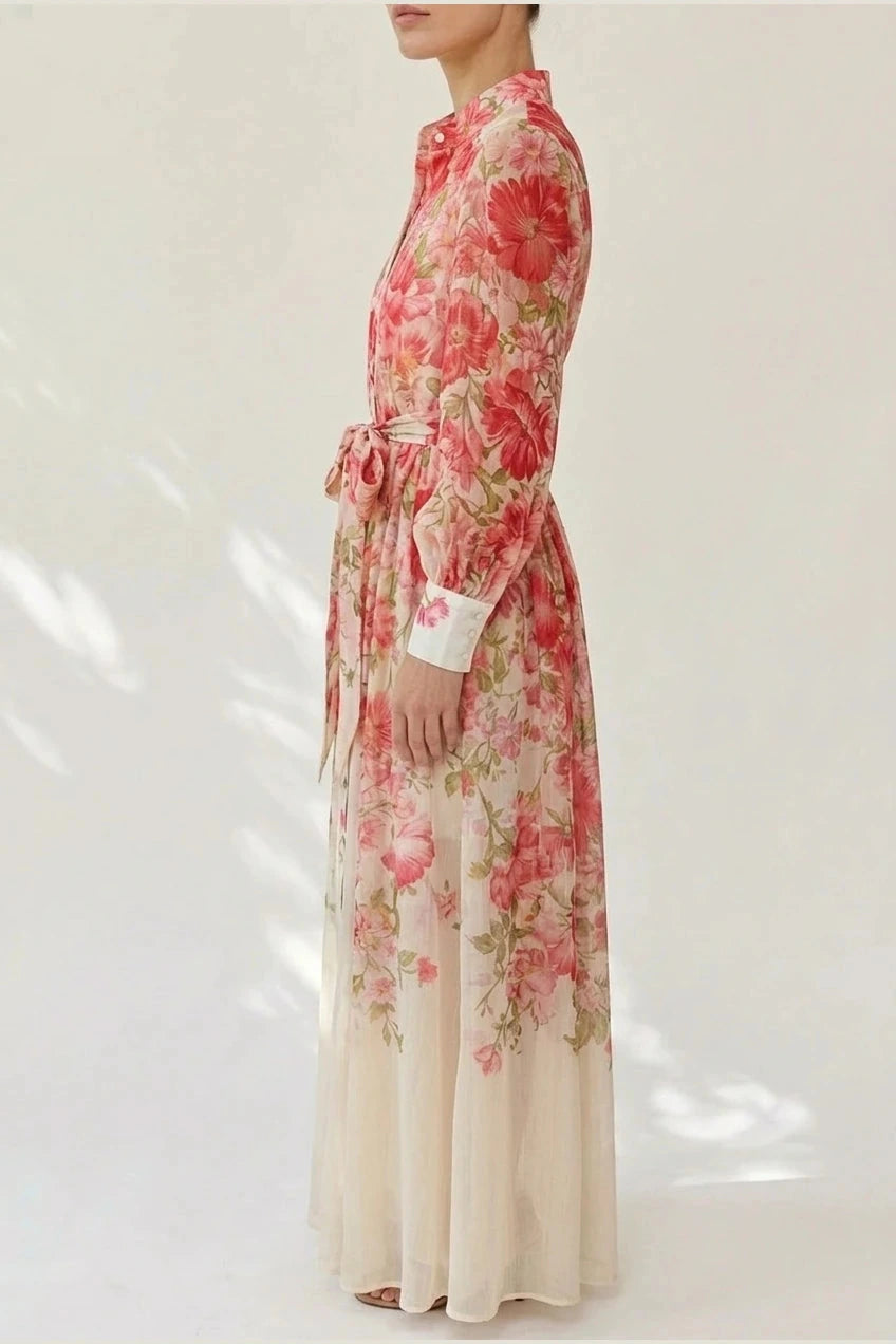 Floral Sheer Long Sleeve Maxi Dress With Tie Waist Button Front