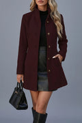 Fitted Wool Coat with Stand Collar and Flared Hem, Button Front