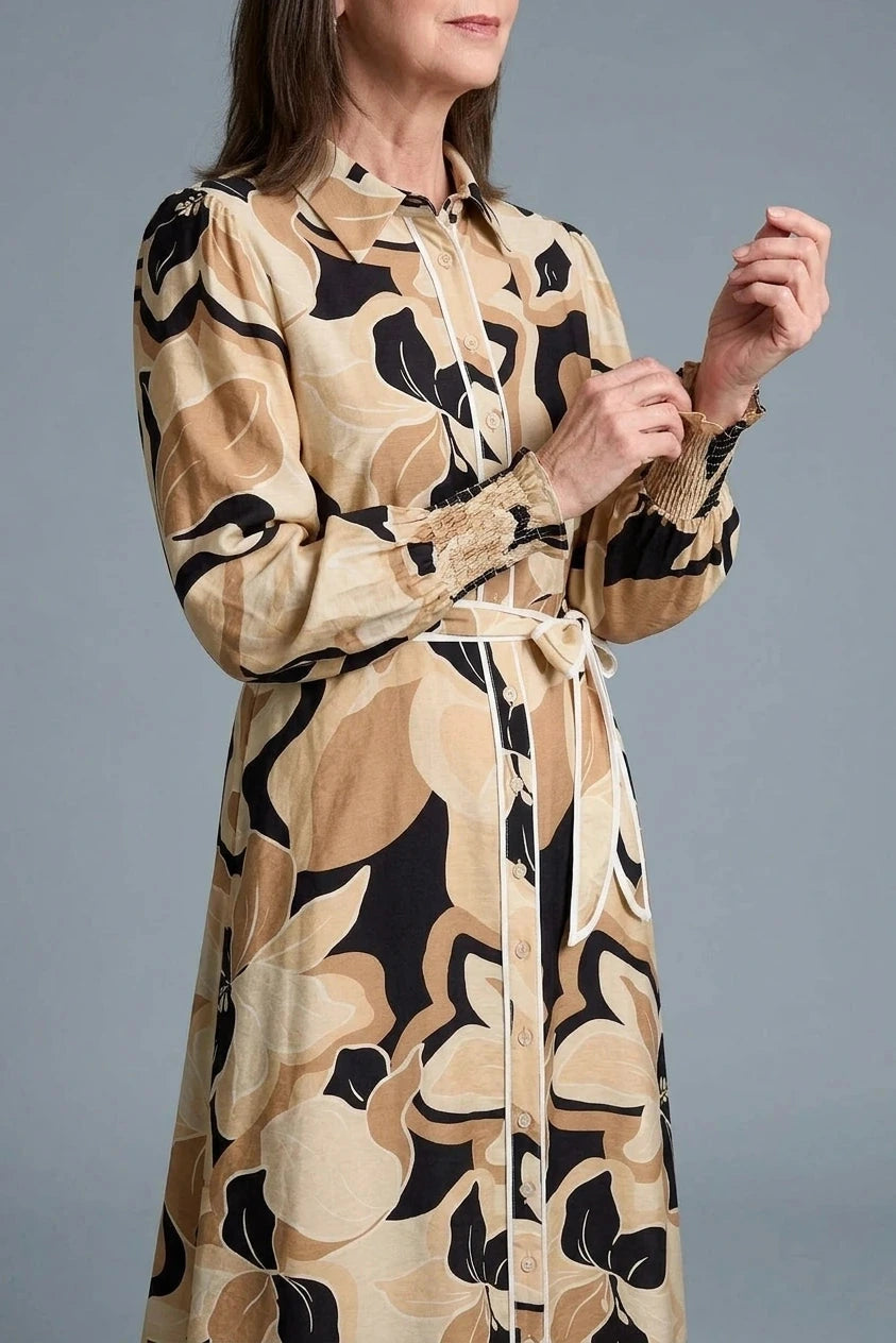 Abstract Floral Midi Shirt Dress Belted Button-Front Long Sleeve